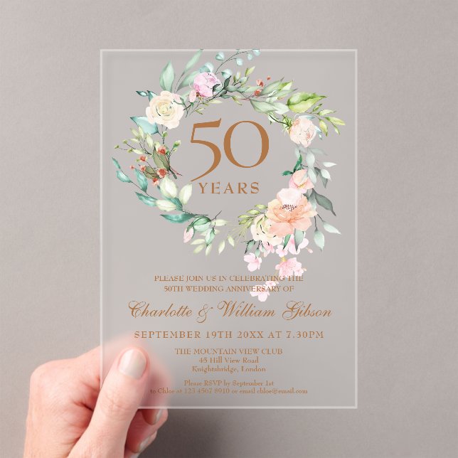 Invitaciones Acrílicas Rosas Guirnalda Floral 50 Aniversario de Bodas (Insitu (portátil))