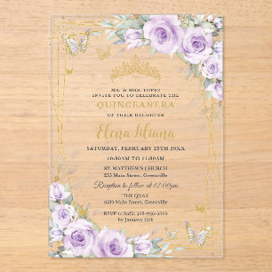 Invitaciones Acrílicas Rosas Lila Púrpura Suave Quinceañera XV Floral Dor