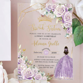 Invitaciones Acrílicas Rosas Lilac Morado Princesa Floral Dulce Dieciséis