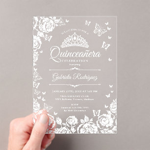 Invitaciones Acrílicas Rosas Mariposas Quinceañera Blancas