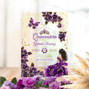 Invitaciones Acrílicas Rosas Mariposas Quinceañera Tiara Dorada Púrpura