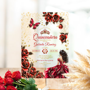Invitaciones Acrílicas Rosas Mariposas Tiara Dorada Quinceañera Roja