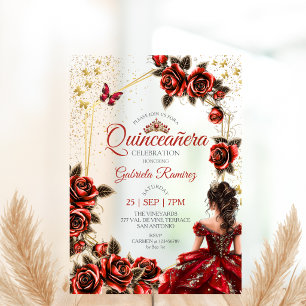 Invitaciones Acrílicas Rosas Mariposas Tiara Dorada Roja Quinceañera