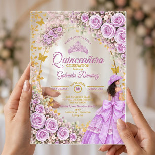 Invitaciones Acrílicas Rosas Moradas Lilas Quinceañera Occidental Dorada