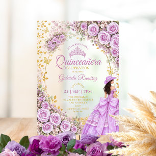 Invitaciones Acrílicas Rosas Moradas Lilas Quinceañera Occidental Dorada