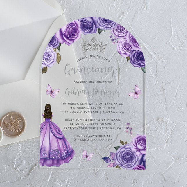 Invitaciones Acrílicas Rosas morados de plata floral acuarela Quinceañera (Subido por el creador)