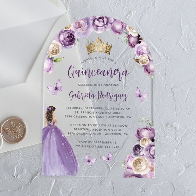 Invitaciones Acrílicas Rosas morados florales acuarela Quinceañera (Subido por el creador)