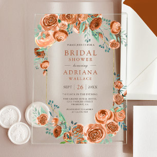 Invitaciones Acrílicas Rosas Naranja Tostada Terrosas Bridal Shower Flora