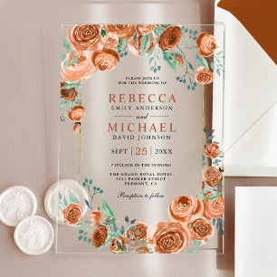 Invitaciones Acrílicas Rosas Naranjas Terrosas Modernas Quemadas Boda Flo