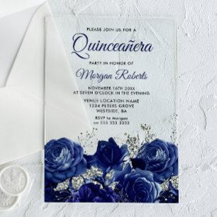 Invitaciones Acrílicas Rosas Navales y Elegante Quinceañera Plateada