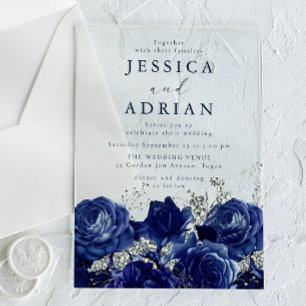 Invitaciones Acrílicas Rosas Navy & Plata Boda Elegante