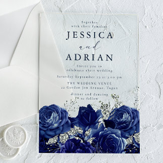 Invitaciones Acrílicas Rosas Navy & Plata Boda Elegante