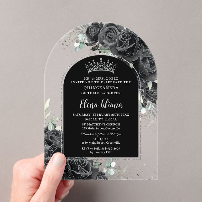 Invitaciones Acrílicas Rosas negros Plata Floral Quinceanera Dulce 16 (Insitu (portátil))