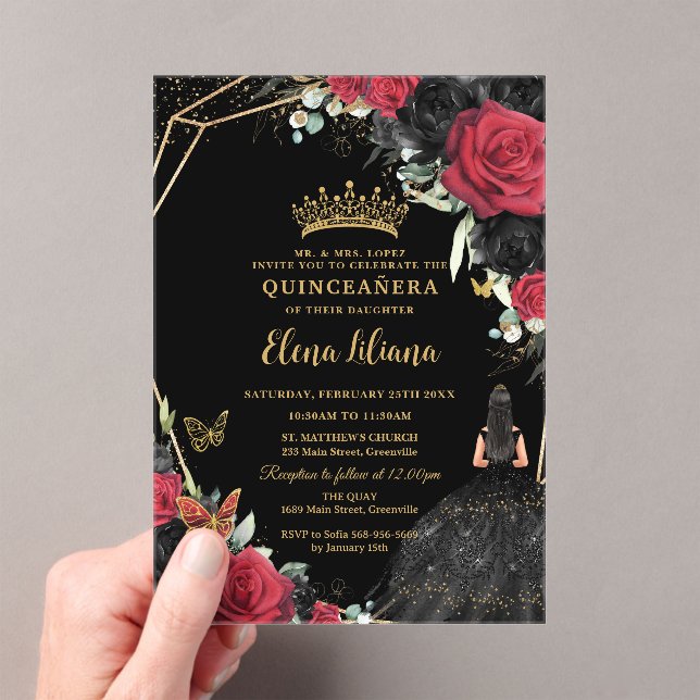 Invitaciones Acrílicas Rosas negros rojos Vestidos florales Dorados Quinc (Insitu (portátil))