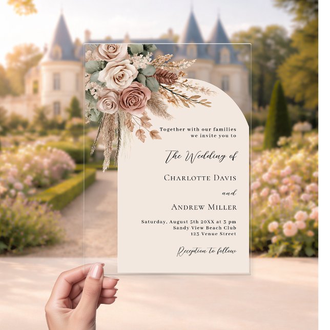 Invitaciones Acrílicas Rosas pekineses pampas arco boda del boho claro (Subido por el creador)
