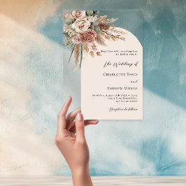 Invitaciones Acrílicas Rosas pekineses pampas arco boda del boho claro