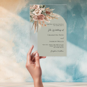 Invitaciones Acrílicas Rosas pekineses pampas sabio boda transparente arc