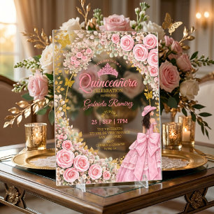 Invitaciones Acrílicas Rosas Pink Occidentales Mariposa Dorada Quinceañer