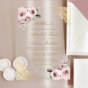 Invitaciones Acrílicas Rosas Pink Polvorientas Encaje Dorado Boda Musulma
