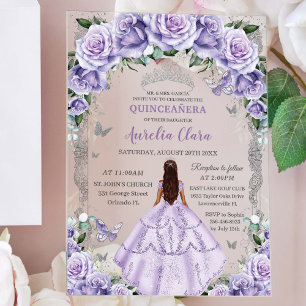 Invitaciones Acrílicas Rosas púrpura de Quinceañera Princesa de Plata Flo