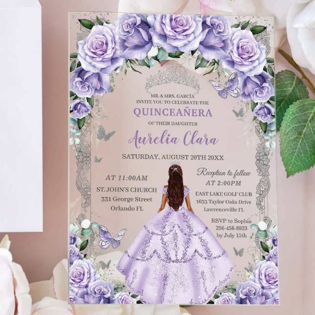 Invitaciones Acrílicas Rosas púrpura de Quinceañera Princesa de Plata Flo (Subido por el creador)