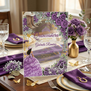 Invitaciones Acrílicas Rosas púrpuras occidentales Quinceañera dorada del