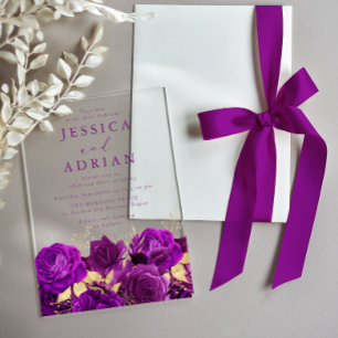 Invitaciones Acrílicas Rosas púrpuras y elegante boda dorada