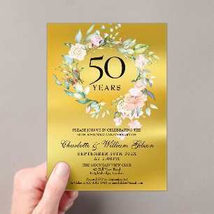 Invitaciones Acrílicas Rosas Relieve metalizado dorado Garland 50° aniver