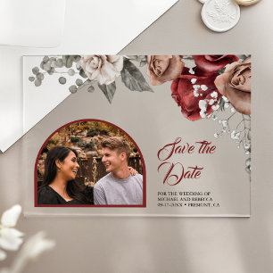 Invitaciones Acrílicas Rosas Rojas de Borgoña Fotografía de Boda Fecha pa