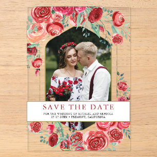 Invitaciones Acrílicas Rosas Rojas Floral Foto Boda Guardar la Fecha