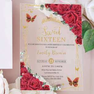Invitaciones Acrílicas Rosas Rojas Florales Mariposas Doradas Cumpleaños