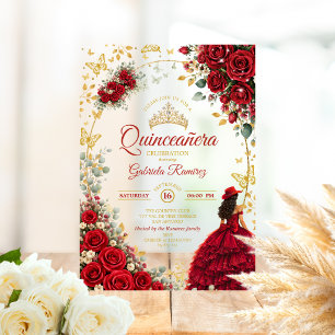 Invitaciones Acrílicas Rosas Rojas Mariposas Doradas Quinceañera
