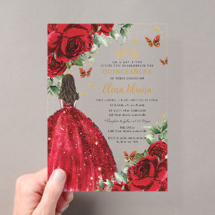 Invitaciones Acrílicas Rosas Rojas Mariposas Florales Quinceañera Cumplea