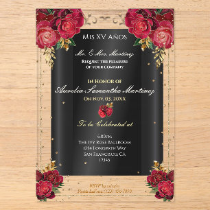 Invitaciones Acrílicas Rosas Rojas, Oro, & Quinceañera Negra