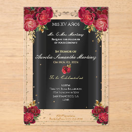 Invitaciones Acrílicas Rosas rojas, oro y quinceañera negra