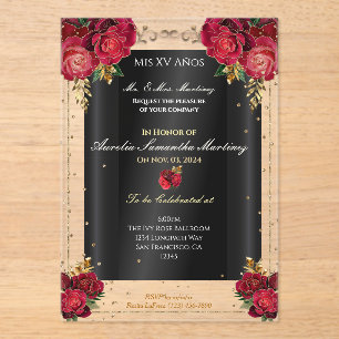 Invitaciones Acrílicas Rosas rojas, oro y quinceañera negra
