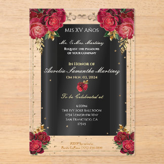 Invitaciones Acrílicas Rosas rojas, oro y quinceañera negra