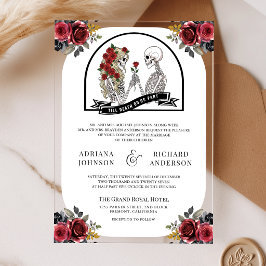 Invitaciones Acrílicas Rosas Rojas Pareja de Esqueletos Góticos Boda