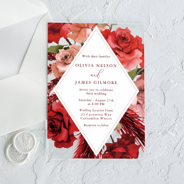 Invitaciones Acrílicas Rosas Rojas Románticas Boda Moderna  (Subido por el creador)