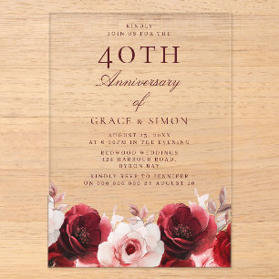 Invitaciones Acrílicas Rosas Rojas Rubí 40 Aniversario de Boda