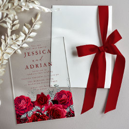 Invitaciones Acrílicas Rosas Rojas y Elegante Boda de Plata