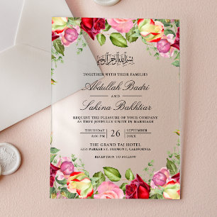 Invitaciones Acrílicas Rosas Rojas y Rosadas Floral Boda Musulmana
