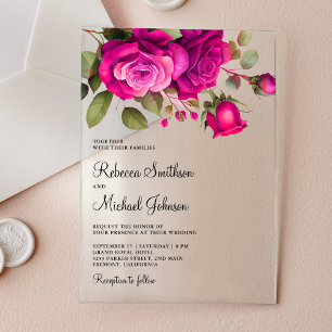 Invitaciones Acrílicas Rosas Rosa Fucsia Caliente Boda