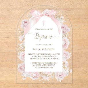 Invitaciones Acrílicas rosas rosadas acuarela Bautizo
