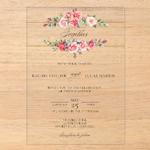Invitaciones Acrílicas Rosas rosadas acuarela romántica y caligrafía