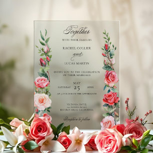 Invitaciones Acrílicas Rosas rosadas acuarela romántica y caligrafía