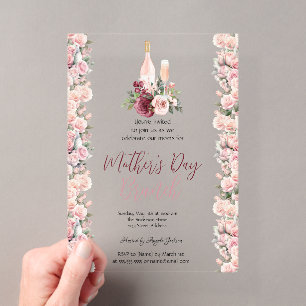 Invitaciones Acrílicas Rosas Rosadas de Borgoña Vino Brunch del Día de la