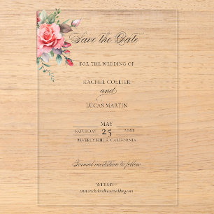 Invitaciones Acrílicas Rosas rosadas en acuarela y guardar la fecha en ca