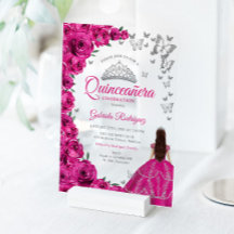 Rosas rosadas fucsia acuarela Quinceañera plata