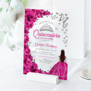 Invitaciones Acrílicas Rosas rosadas fucsia acuarela Quinceañera plata